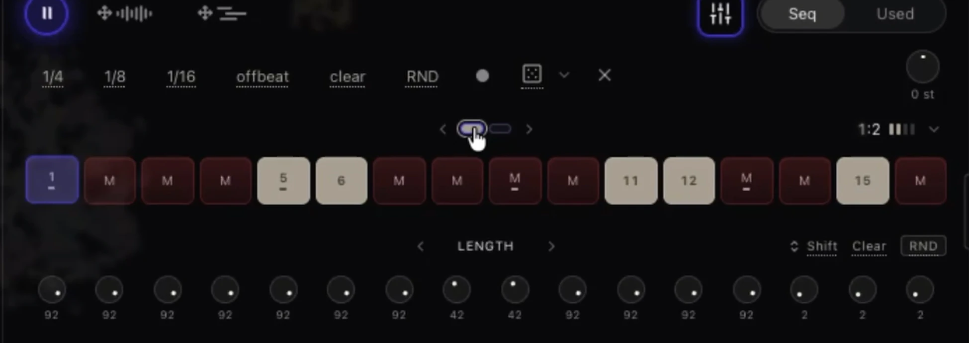 Vibseek Studio step sequencer in bar focus mode with the Length parameter row, a bar selector and Shift, Clear and RND controls