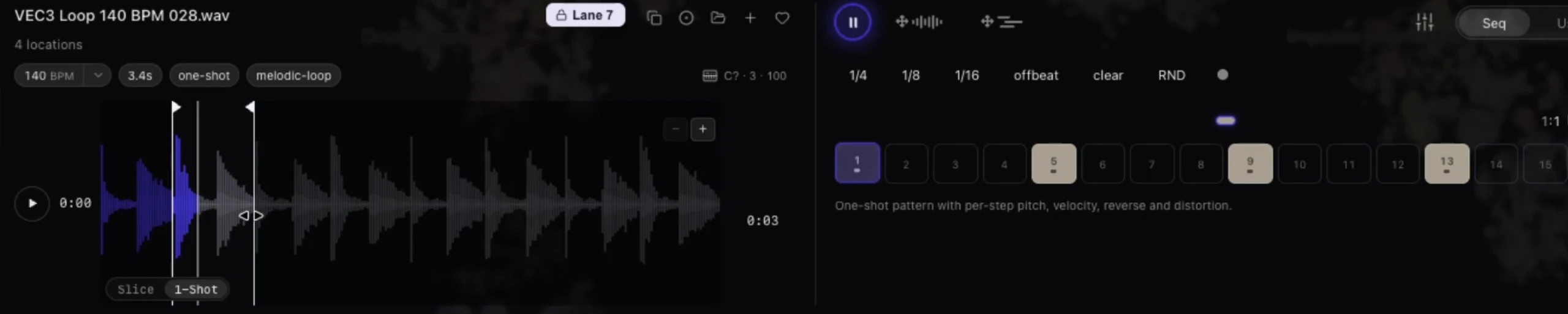 Loop waveform in Vibseek Studio with one isolated section selected in 1-Shot mode and a step pattern next to it