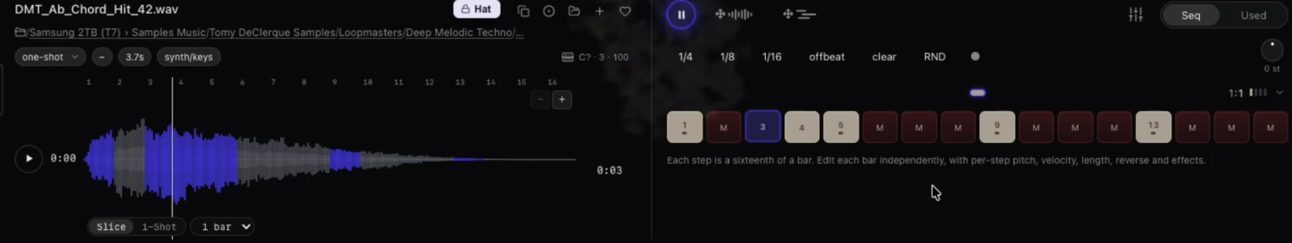 One-shot waveform in Slice mode in Vibseek Studio, with muted steps in the step sequencer