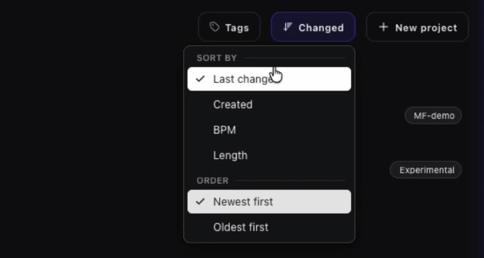 Sort by menu in the Vibseek Studio projects view with Last change, Created, BPM and Length, and Newest first or Oldest first