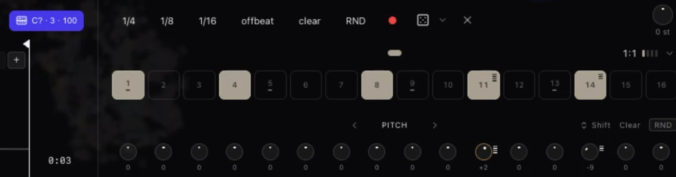 Vibseek Studio step sequencer with the red record button on and chord markers on steps with pitch values