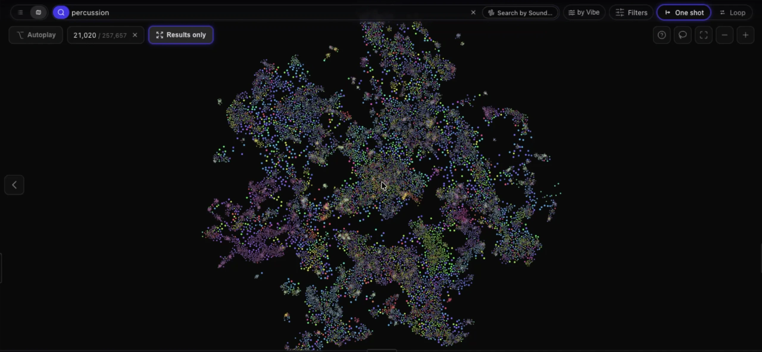 Vibseek Studio results-only map after searching for percussion with the one-shot filter, showing 21,020 of 257,657 sounds