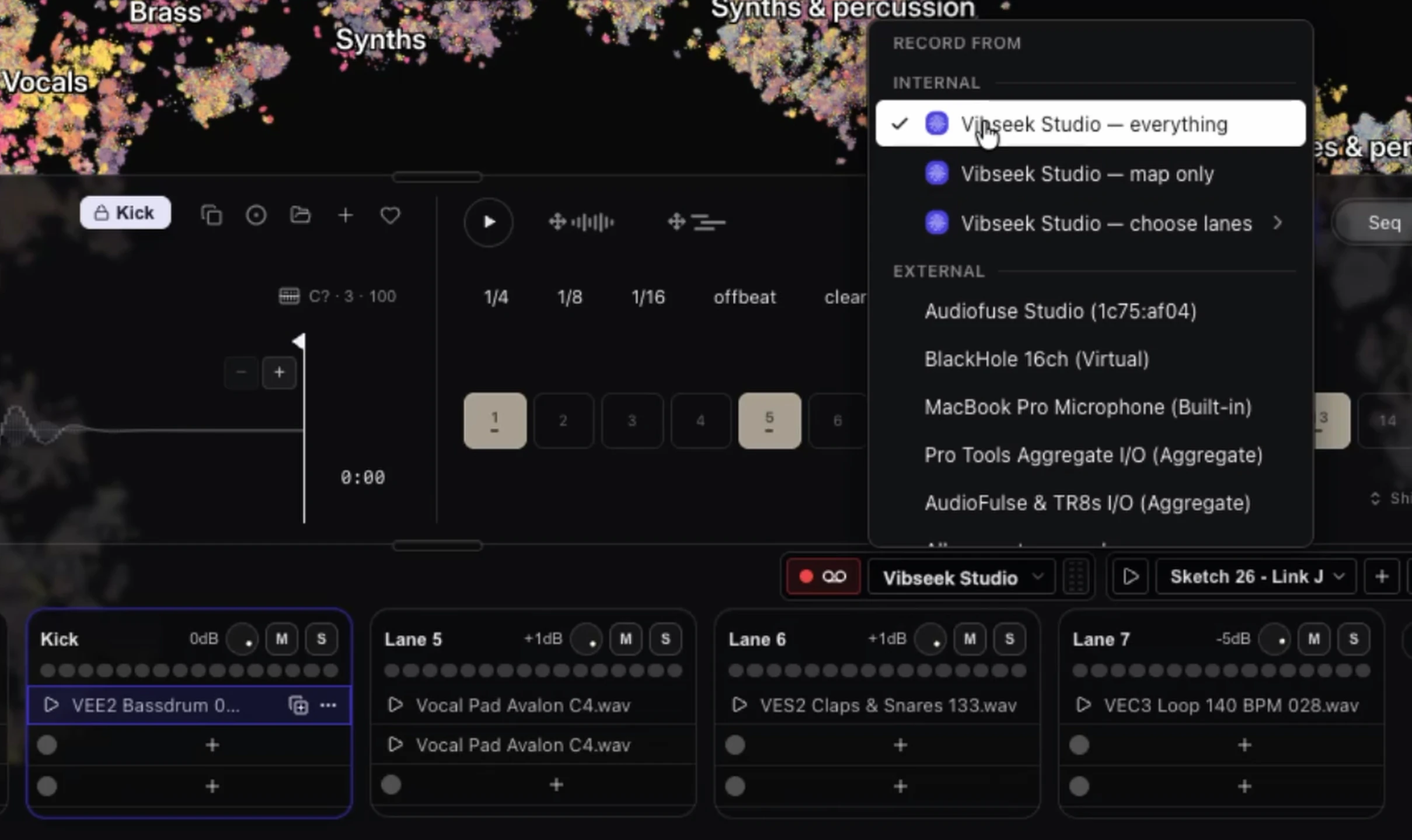 Vibseek Studio sampler input menu with internal sources (everything, map only, choose lanes) and external inputs such as a microphone