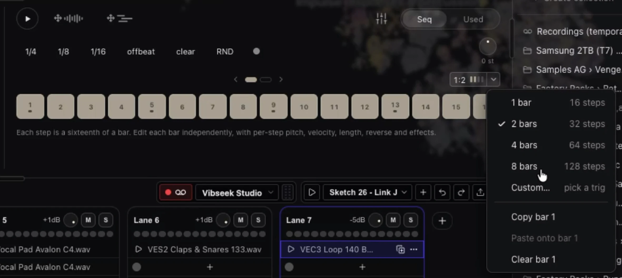 Pattern length menu in the Vibseek Studio step sequencer showing 1, 2, 4 and 8 bars (up to 128 steps), Custom, and copy, paste and clear bar options