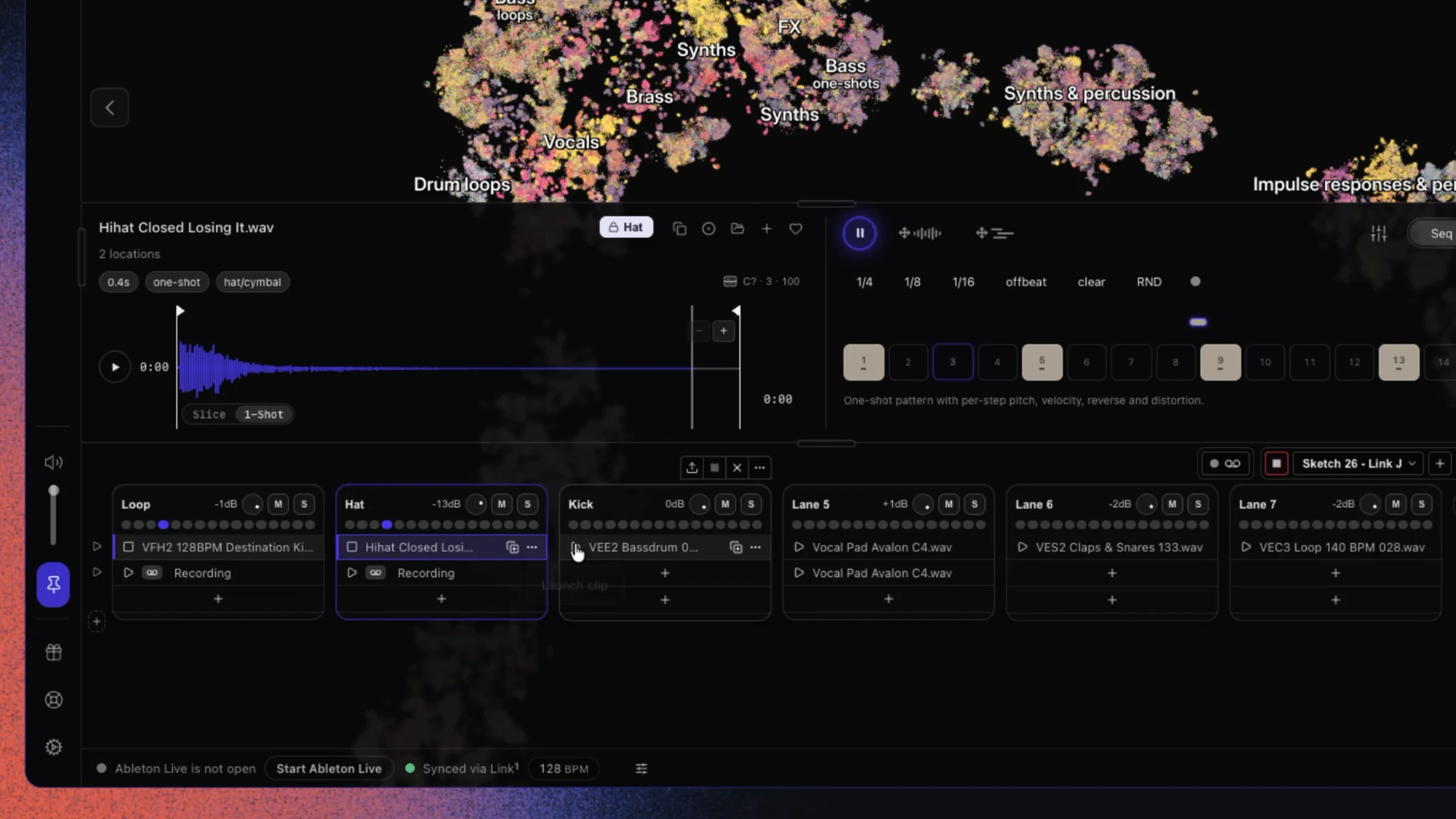 Sketchboard in Vibseek Studio with lanes of layered loops and one-shots below the sound map