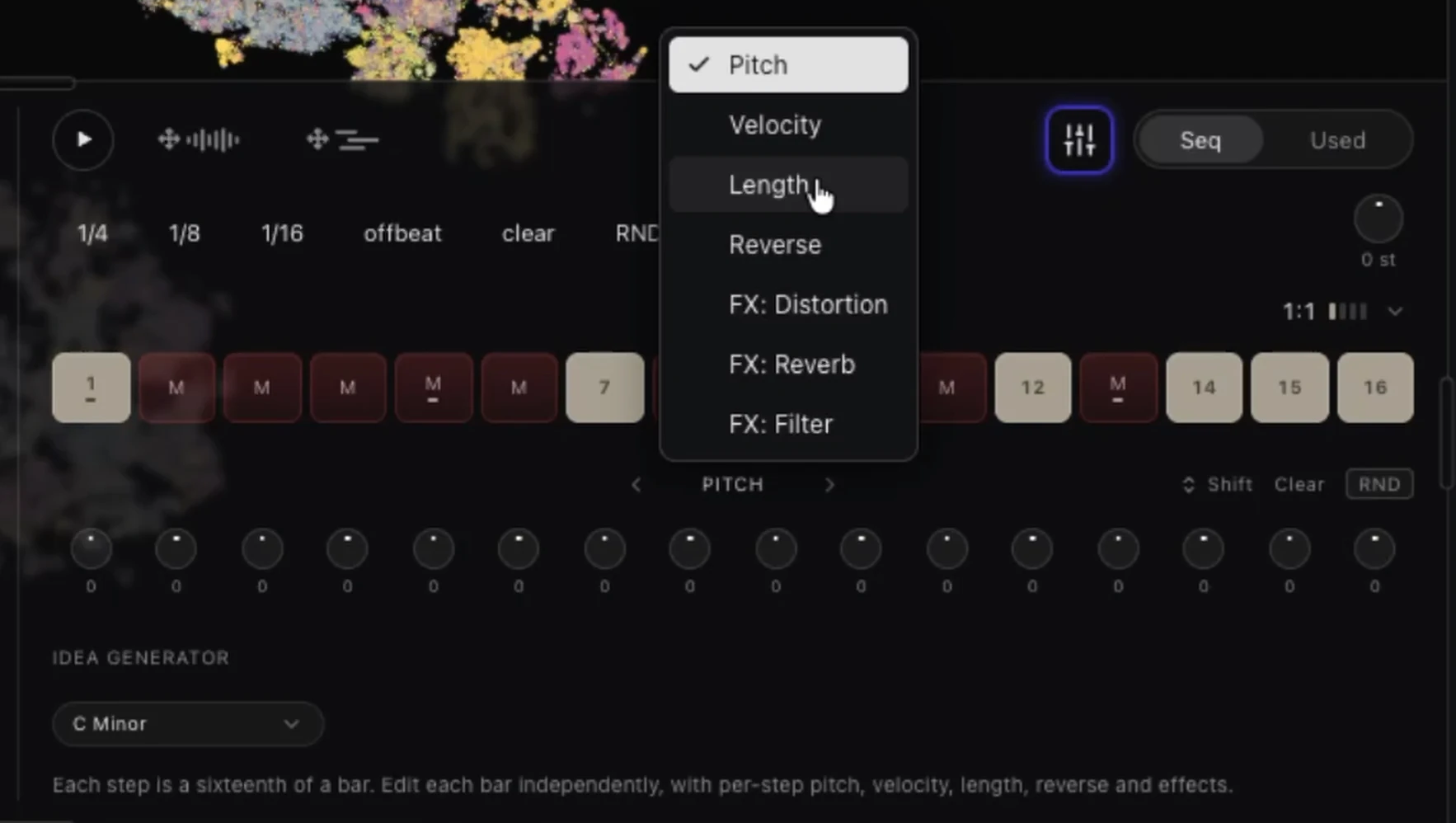 Parameter menu in the Vibseek Studio step sequencer listing Pitch, Velocity, Length, Reverse and the FX options