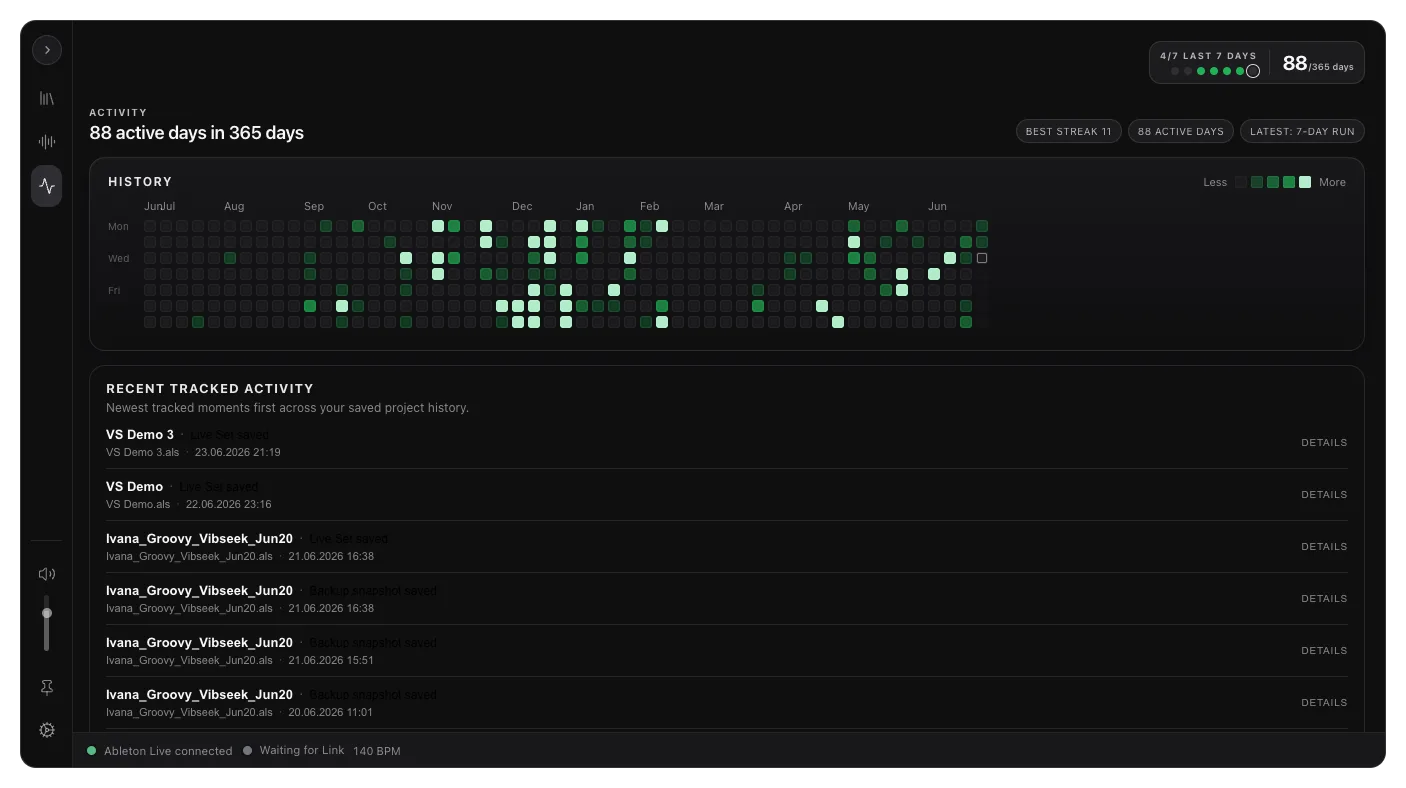Vibseek Studio analytics and activity history