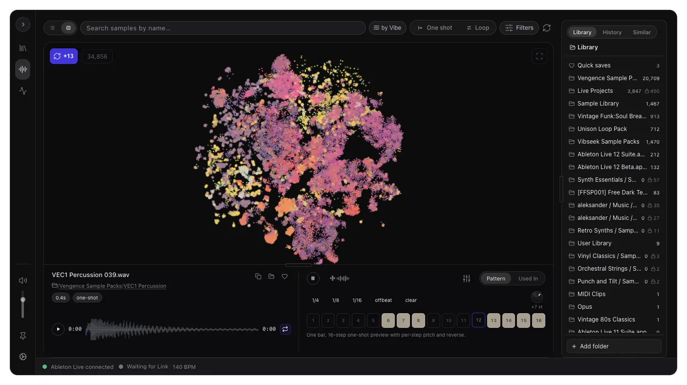 Vibseek Studio sample map showing grouped sounds by similarity