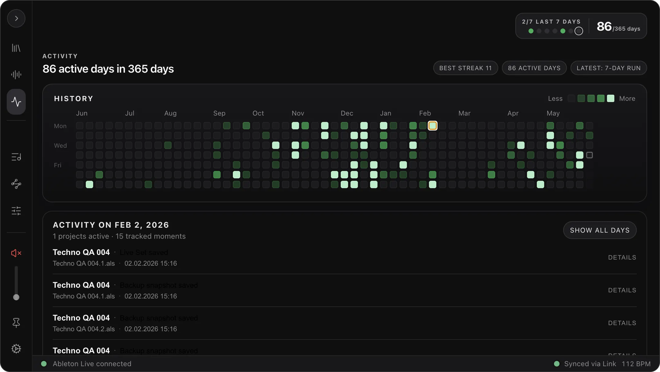 Vibseek Studio analytics and activity history